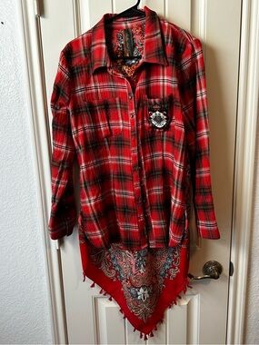 Anthropologie Aratta Silent Journey Red Paisley Plaid Scarf Mixed-Print Shirt S